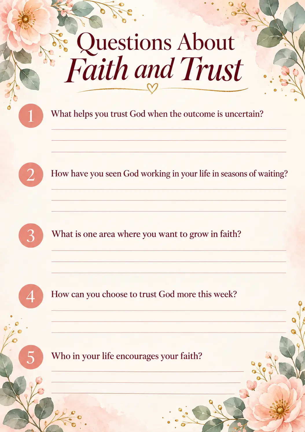 Questions About Faith and Trust page with five discussion questions and space to write