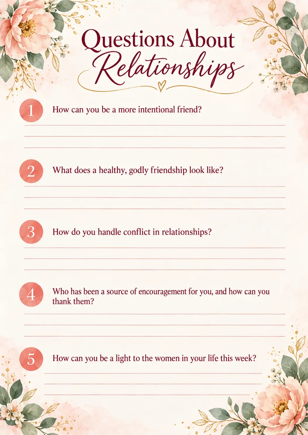 Questions About Relationships page with five discussion questions and space to write