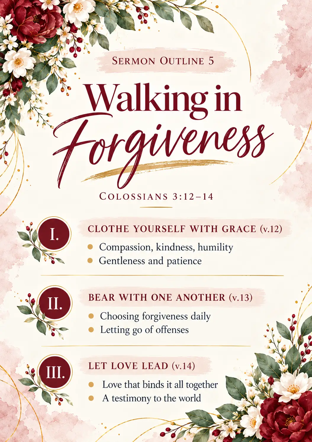 Sermon Outline 5: Walking in Forgiveness, based on Colossians 3:12–14, with three main points