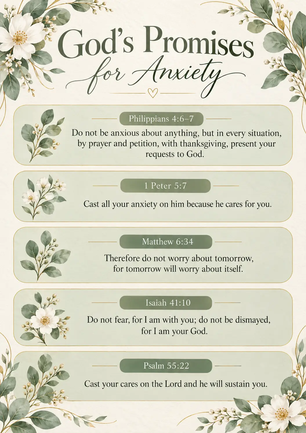 God’s Promises for Anxiety page listing five comforting Bible verses