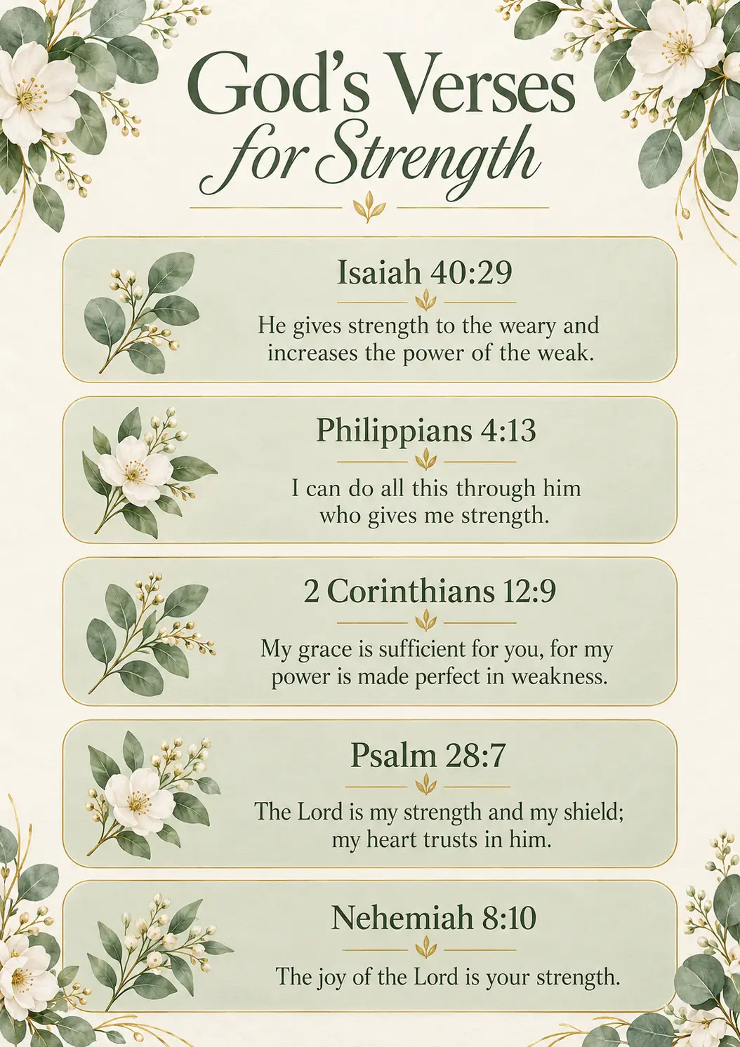 God’s Verses for Strength page listing five Bible verses about strength