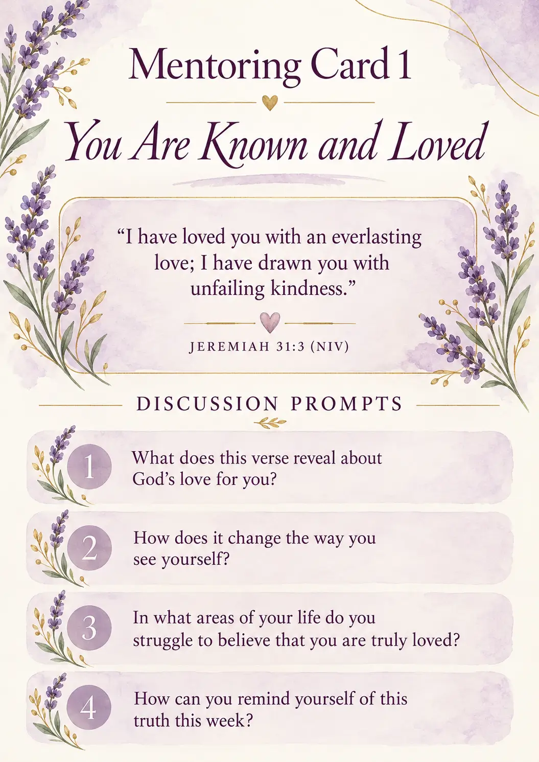Mentoring Card 1: You Are Known and Loved, with Jeremiah 31:3 and discussion prompts