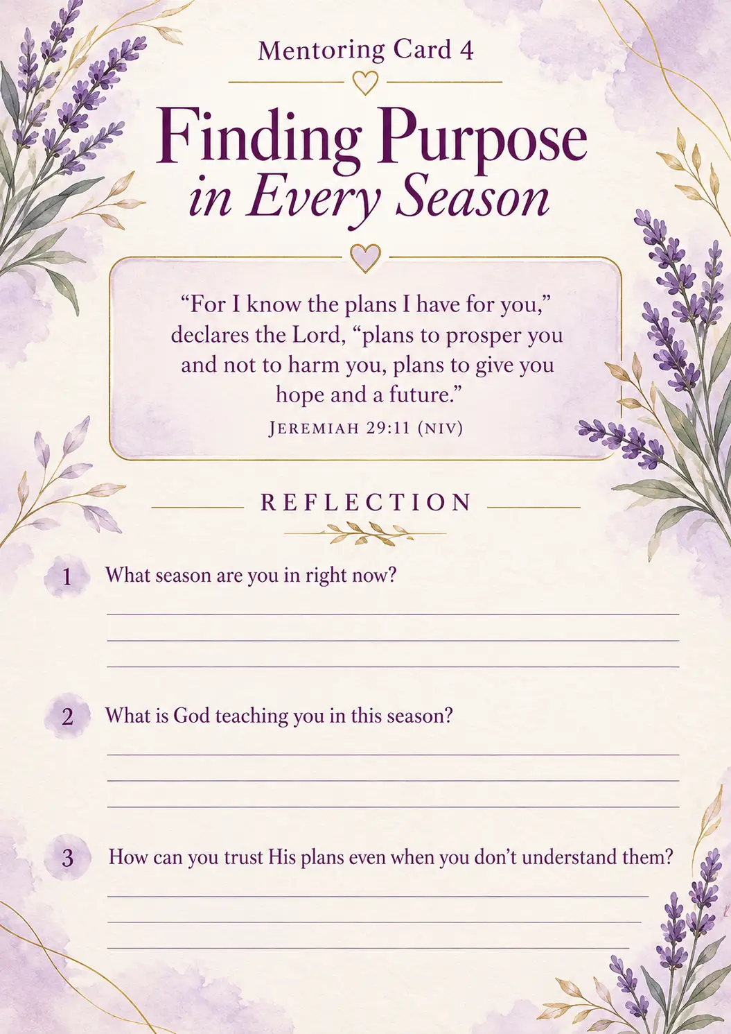 Mentoring Card 4: Finding Purpose in Every Season, with Jeremiah 29:11 and reflection questions